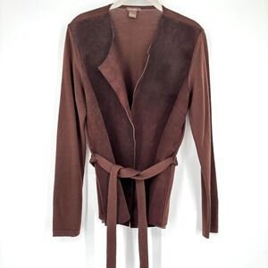 J McLaughlin Merino Wool Suede Open Front Cardigan Sz M Brown Tie Belt Leather